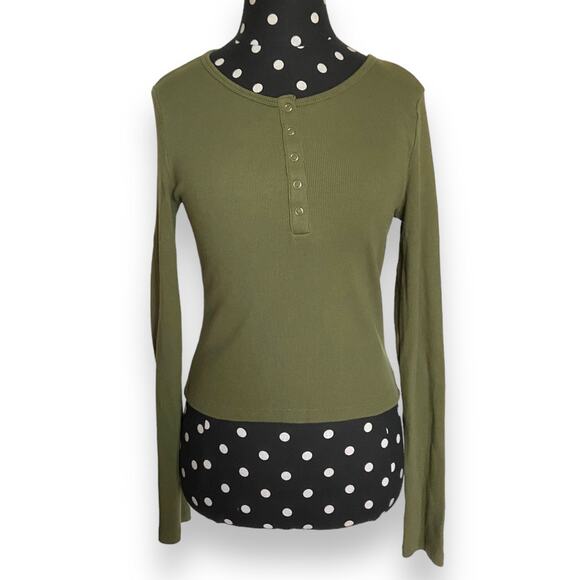 Forever 21 Womens Top Sz L Olive Green Cropped Length Ribbed Knit Long Sleeve - Picture 4 of 8